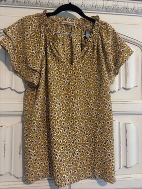 Pleione Mustard Floral Ruffle-Sleeve Blouse